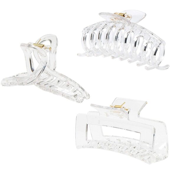 Accessories - Clear Claw Clips Set: 3 Durable Polycarbonate Hair Clips for All Hair Types